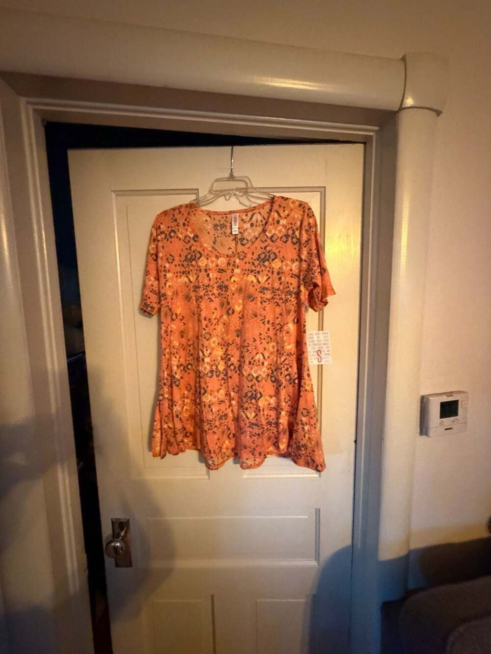 LuLaRoe Perfect T Orange Abstract Geometric Floral Short Sleeve Tunic Blouse Siz